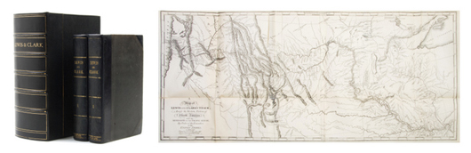A later issue of the large folding map laid into volume 1 diminishes the value of this first edition of the history of Lewis and Clark’s expedition to the Northwest Territory. Nevertheless, the desirable set published in 1814 is expected to sell for $8,000-$12,000. Image courtesy of Leslie Hindman Auctioneers.