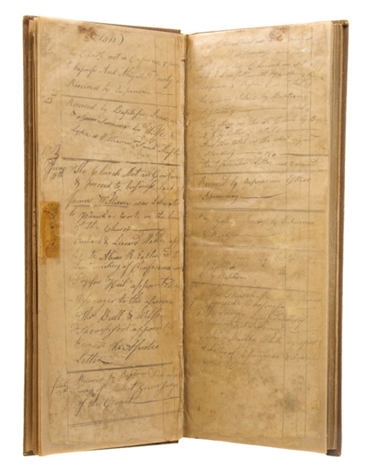 In fragile condition, this book contains records of the Bethel Baptist Church in Missouri, the first Protestant church west of the Mississippi. It has a $6,000-$8,000 estimate. Image courtesy of Leslie Hindman Auctioneers.