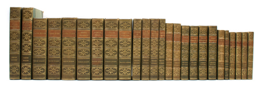 This uniformly bound set of the collected works of Charles Dickens consists mostly of first editions. Each book is bound in green morocco over cloth that is gilt stamped. The collection has a $6,000-$8,000 estimate. Image courtesy of Leslie Hindman Auctioneers.