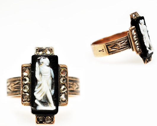 A Yellow gold diamond and agate cameo ring. Image courtesy Morton Kuehnert Auctioneers.