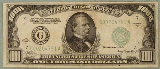 1934 A $1000 Bill FRN Note Green Seal Chicago Est. $3000-$4625. Image courtesy of Universal Live.