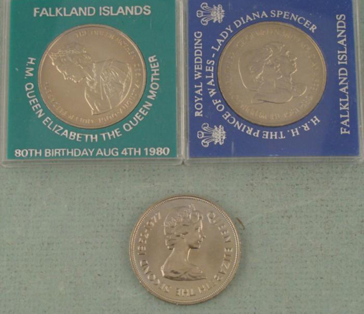 3 Falkland Island BU 50 Pence Large Commemorative Coins  Est. $30-$45. Image courtesy of Universal Live.