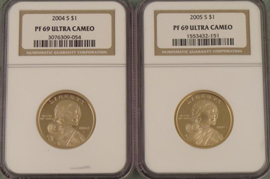 2 Slabbed Proof Sacagawea Dollars 2004S, 2005S PF69 NGC  Est. $30-$45. Image courtesy of Universal Live.
