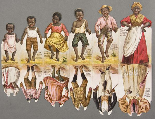 Advertising and promotional information for Aunt Jemima brand pancake flour is printed on the back of this rare paper doll die-cut lithograph. The uncut sheet, 12 inches by 9 1/4 inches, has a $600-$900 estimate. Image courtesy of Jackson’s International Auctioneers & Appraisers.