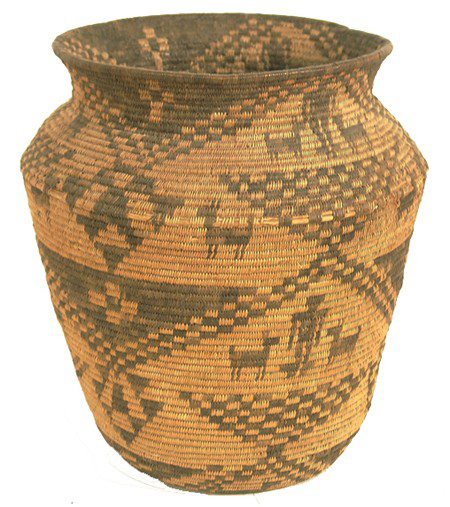 Woven in the 1930s, this outstanding wide-mouth olla is decorated with many human and dog figures, crosses, arrowheads and checkered elements. The 16-inch-tall basket has a $5,000-$10,000 estimate. Image courtesy of Allard Auctions Inc.