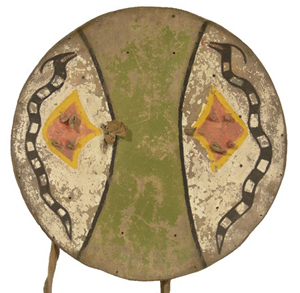 Bidding is expected to reach $75,000-$150,000 for this well-documented Santo Domingo painted hide shield and buckskin cover, which date to the early 1800s. Image courtesy of Allard Auctions Inc.