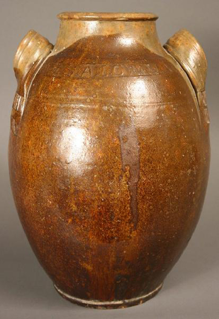 This large two-handled redware jar – clearly marked on the neck by Tennessee potter J.A. Lowe - sold to a private collector for $63,000 at a Case Auction in September 2008. Image courtesy Case Auctions, Knoxville, Tenn. 