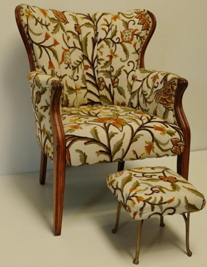 This attractive crewel-upholstered French-style chair with ottoman has an opening bid of only $70 in Ivy Auctions' Aug. 28 sale. Image courtesy LiveAuctioneers.com and Ivy Auctions.