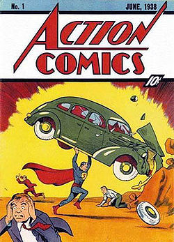 Cover of Action Comics No. 1 (June 30, 1938), art by Joe Shuster. Image originally sourced through The Grand Comics Database and uploaded to Wikipedia. Fair use of image for identification purposes in conjunction with discussion of the topic of the accompanying article. All DC Comics characters and the distinctive likeness(es) thereof are Trademarks & Copyright © 1938 DC Comics, Inc. ALL RIGHTS RESERVED.