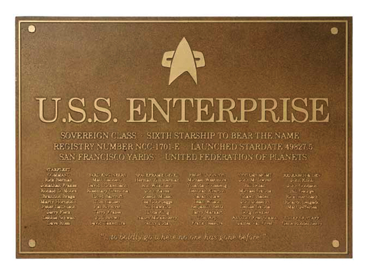 This dedication plaque was a permanent part of the bridge set of the Enterprise-E in the feature films ‘Star Trek: First Contact,’ ‘Star Trek: Insurrection’and ‘Star Trek: Nemesis.’ The plastic placque measures 14 inches by 10 inches and has a $3,000-$4,000 estimate.  Image courtesy of Propworx.