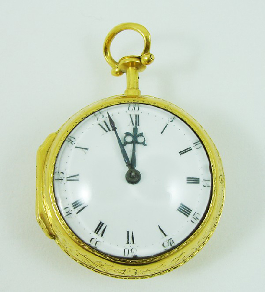 An 18K gold pair case protects a signed John Bushman English repeater pocket watch made in the late 17th century. It has a $2,000-$4,000 estimate. Image courtesy of Nest Egg Auctions.