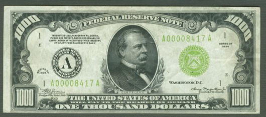 The estimate on this 1934 U.S. Federal Reserve Note is $1,400-$1,800. Image courtesy of Nest Egg Auctions.