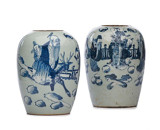 Teachers and students are hand-painted on these 20th-century Chinese ginger jars, which have a $200-$400 estimate. Image courtesy of Cowan’s Auctions.