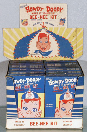 The Howdy Doody Bee-Nee Kit counter display contains 24 kits to craft leather beanies. all of which are unopened. The display and unopened contents have an $800-$1,200 estimate. Image courtesy of Lloyd Ralston Gallery.