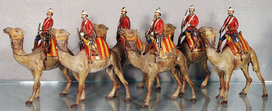 Of the six mounted figures on this Heyde Camel Corps four are missing helmet spikes. The estimate on the 90mm set is $1,700-$2,000. Image courtesy of Lloyd Ralston Gallery.