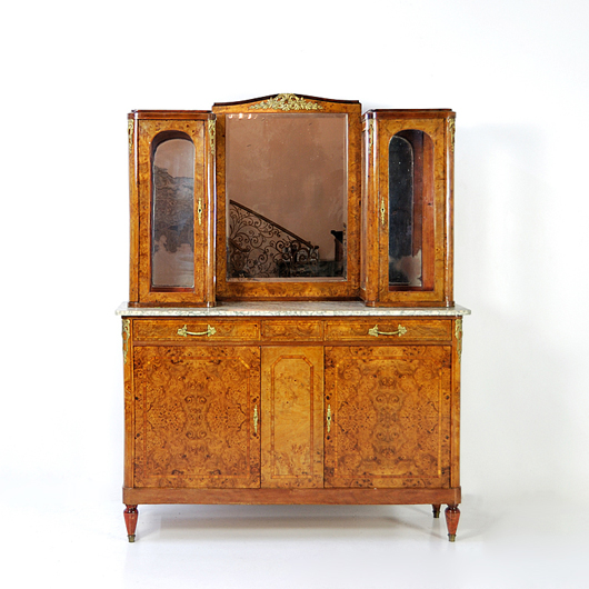 Louis XVI-style burl walnut buffet with marble top, beveled mirror and ormolu detail France, 19th century (estimate: $400-$500). Image courtesy of Morton Kuehnert Auctioneers & Appraisers.