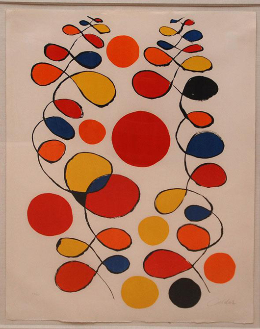 ‘Composition’ is the title of this Alexander Calder original color lithograph. The pencil-signed and numbered work is 31 inches by 24 inches and has an estimate of $700-$1,000. Image courtesy of Bill Hood & Sons Arts & Antiques Auction.