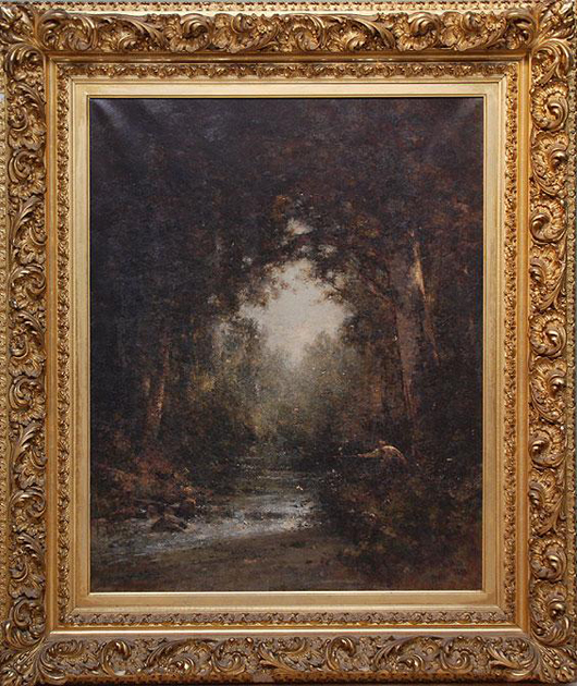 A boy fishes from the bank of a stream in this Thomas Hill (American, 1829-1908) painting. The oil on canvas measures 34 inches by 27 Inches and has a $15,000-$25,000 estimate. Image courtesy of Bill Hood & Sons Arts & Antiques Auction.