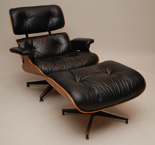 Bidders will have their pick of three Charles Eames by Herman Miller chair and ottoman sets. This one in black leather has a $500-$700 estimate. Image courtesy of Bill Hood & Sons Arts & Antiques Auction.