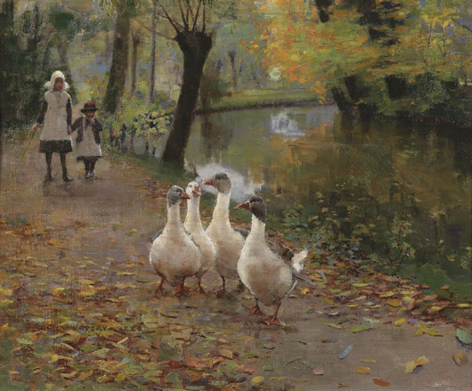 Sir John Lavery, 'The Goose Girls,' signed and dated 1855, oil on canvas, 18 by 22 ins, on show at The Fine Society in New Bond Street from Oct. 27 to Nov. 18. Image courtesy The Fine Art Society.