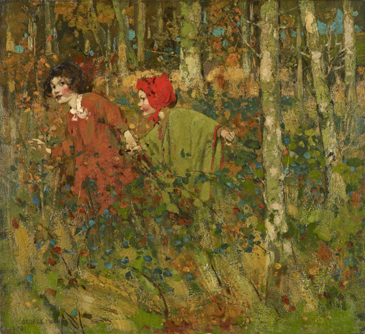 George Henry, 'Through the Woods,' signed and dated 1891, oil on canvas, 22 by 24 inches. Image courtesy The Fine Art Society.
