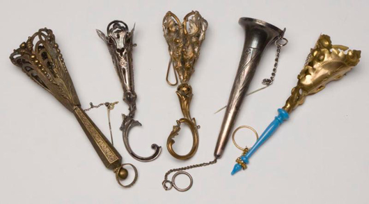 A collection of Victorian tussie mussie poesy holders will be sold at Jeffrey S. Evans & Associates’ auction Aug. 28. Provenance: Provenance: Hilda Fried estate, New York City. Image courtesy of Jeffrey S. Evans & Associates.