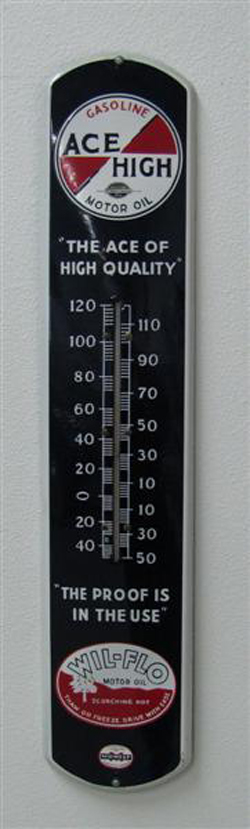 Rare High & Wil-Flo Motor Oil porcelain thermometer, 38 inches by 8 inches, $13,200. Image courtesy of Matthews Auctions LLC.