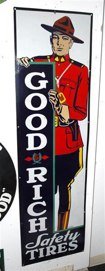 Goodrich Safety Tires single-sided porcelain sign with Mountie logo, 63 inches by 18 inches, $6,600. Image courtesy of Matthews Auctions LLC.