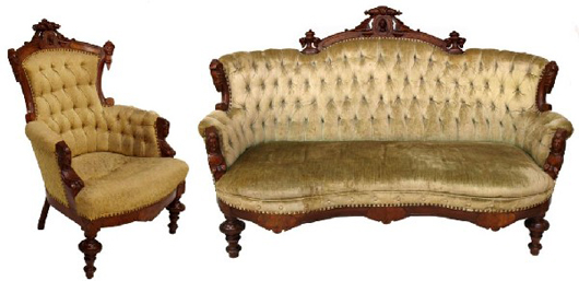 A matching Renaissance Revival sofa and armchair are attributed to John Jelliff & Co. (New Jersey, 1836-1890). The two-piece parlor set has a $2,000-$4,000 estimate. Image courtesy of Austin Auction Gallery.