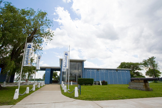 View of the front of the Dossin Great Lakes Museum. Image courtesy of Dossin Great Lakes Museum.