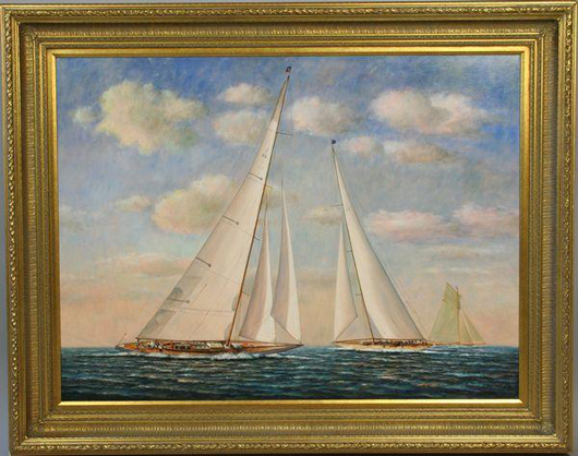 Two J class yachts shown in tacking position under full sail with crew on deck, oil on canvas, signed lower right ‘D. Tayler,’ mounted in wood and gesso frame, 36 inches by 48 inches sight size, 46 inches by 58 inches frame size, estimate: $3,000-$4,000. Image courtesy of Kaminski Auctions