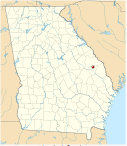 The red dot at the 3 o'clock position on this map of Georgia indicates the location of Camp Lawton, which is actually part of Magnolia Springs State Park. Map drawn by Alexrk2, GNU Free Documentation License.