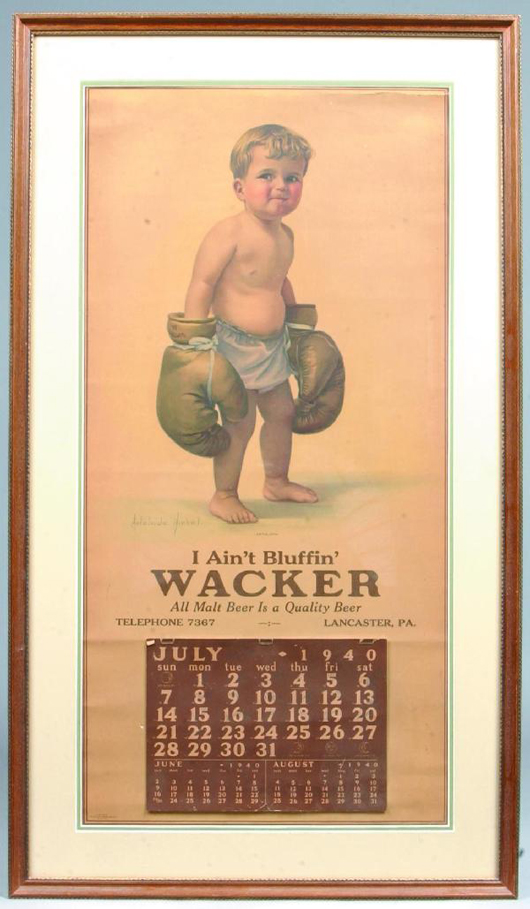Wacker Beer, Lancaster, Pa., 1940 calendar, artist signed Adelaide Hiebel, image size 27 3/4 inches by 13 1/2 inches. Estimate: $1,000-$2,500. Image courtesy of Conestoga Auction Co.
