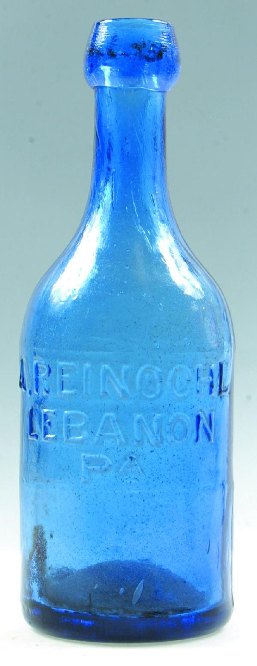 A. Reinochl, Lebanon, Pa., bottle, attic bottle, one of a kind, 7 1/2 inches tall, excellent condition. Estimate: $2,500-$5,000. Image courtesy of Conestoga Auction Co.