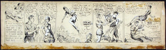 Buck Rogers meets Wilma Deering in strip no. 3 from the ‘Meeting the Mongols’ series. The original comic art by Dick Calkins, 6 1/2 inches by 25 1/4 inches, is expected to sell for $18,000-$22,000. Image courtesy of Susanin’s Auctions.