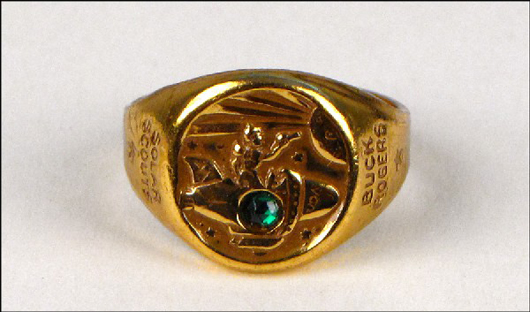 The green stone is still in this Buck Rogers Repeller Ray Ring. Also known as the Supreme Inner Circle Ring, it has a $600-$800 estimate. Image courtesy of Susanin’s Auctions.