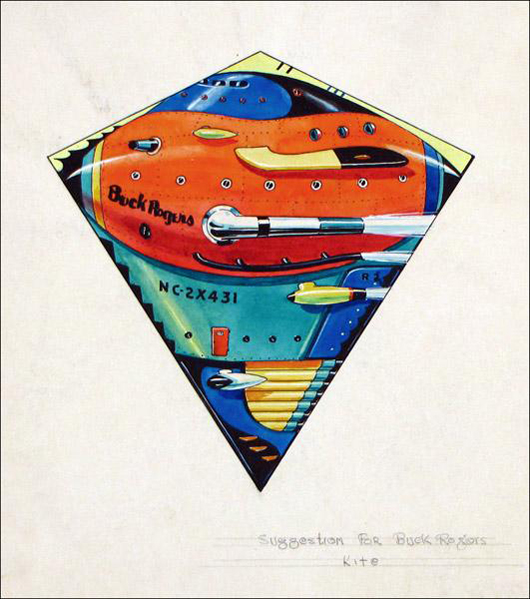 This prototype watercolor for the Buck Rogers kite is on a sheet of paper 12 1/2 inches by 10 inches. ‘Suggestion for Buck Rogers Kite,’ is inscribed in pencil. It has a $1,000-$1,500 estimate. Image courtesy of Susanin’s Auctions.