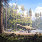 Gerhard Boeggemann painting of a late Jurassic Scene on one of the large islands in the Lower Saxony basin in northern Germany. It shows an adult and a juvenile specimen of the sauropod Europasaurus holgeri and iguanodons passing by. There are two Compsognathus in the foreground and an Archaeopteryx at the right. Image appears courtesy of Gerhard Boeggemann under Creative Commons Attribution-Share Alike 2.5 Generic license.