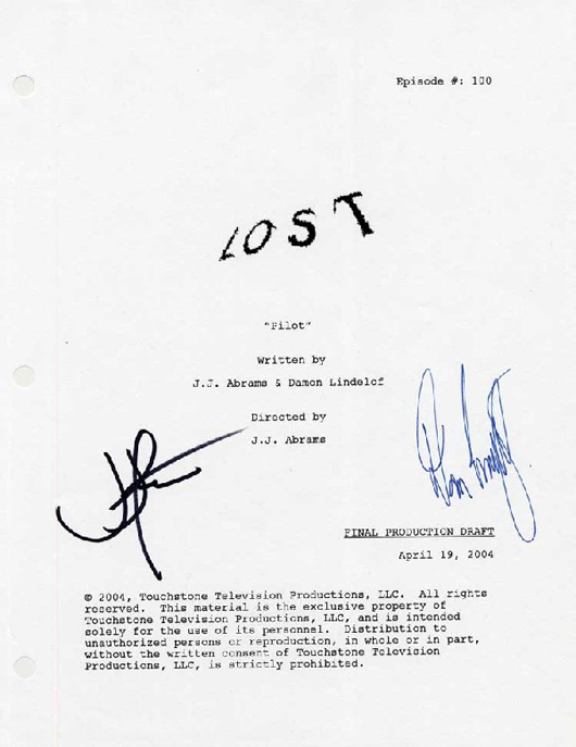 Pilot script for LOST, signed by two of the show's three creators, J.J. Abrams and Damon Lindelof, $18,000 to a LiveAuctioneers bidder. Image courtesy LiveAuctioneers.com Archive.