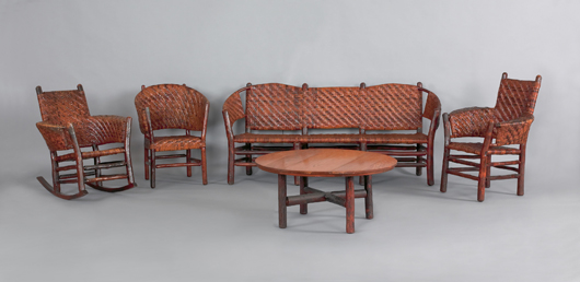 The Old Hickory Chair Co. manufactured rustic furniture for resorts and private homes. At a Pook & Pook auction last fall, this marked set sold for a healthy $8,109. Image courtesy of Pook & Pook Inc.