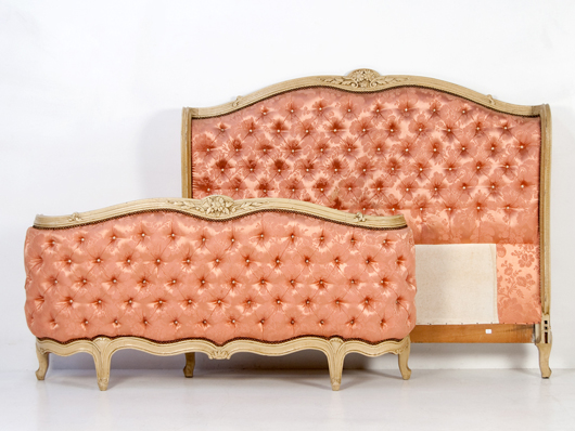 Louis XV-style bed with silk-tufted brocade fabric, France, 19th century, length 68 1/4 inches by width 56 1/2 inches. Estimate: $350-$400. Image courtesy of Morton Kuehnert Auctioneers & Appraisers.
