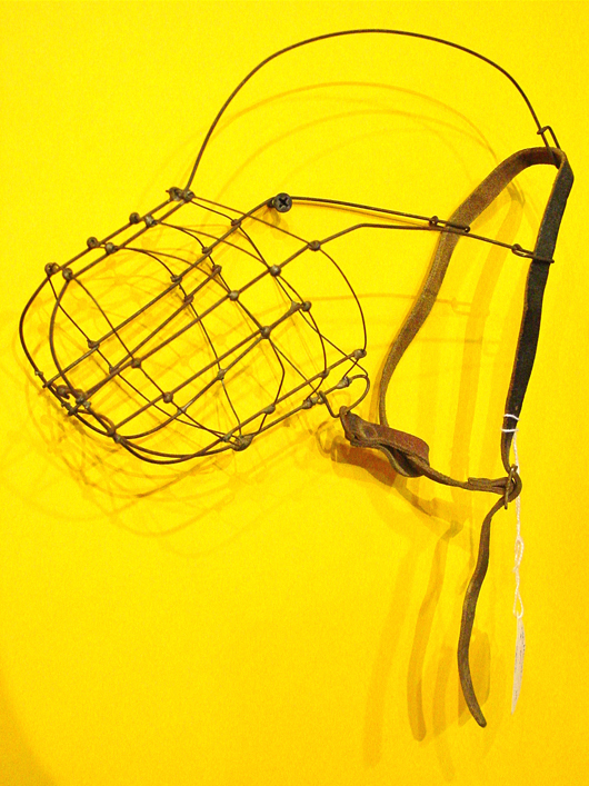 Cleverly recycled as art, an antique metal and leather dog muzzle looked striking against a yellow wall in the room setting of M.S. Carter, Portsmouth, N.H. Price: $85. Photo copyright Catherine Saunders-Watson.