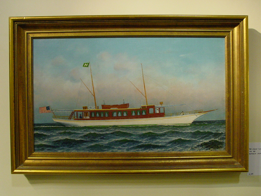 Oil painting of the Yacht Lydia by Antonio Jacobsen, $11,000, offered by Lucinda and Michael Seward, Pittsford, Vt. Photo copyright Catherine Saunders-Watson.