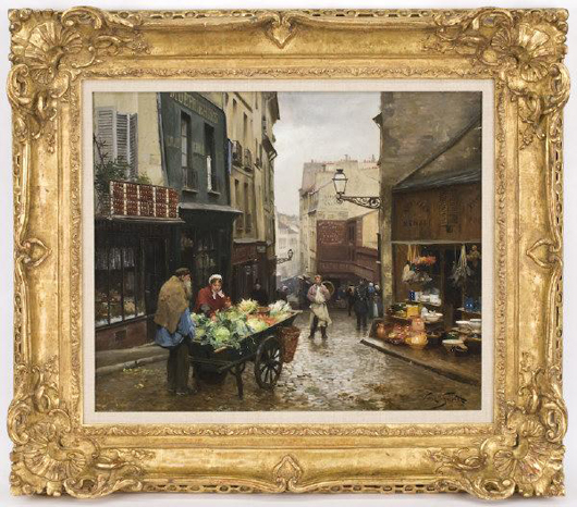 Victor Gabriel Gilbert (French, 1847-1935) depicts Mouffetard Street in Paris in this late 1800s oil painting. Measuring 20 inches by 24 inches, the work has a $25,000-$35,000 estimate. Image courtesy of Dallas Auction Gallery.