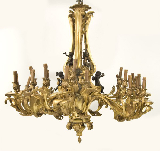 ‘Two for one money,’ a pair of monumental Louis XV-style chandeliers in gilt and patinated bronze has a $60,000-$80,000 estimate. Image courtesy of Dallas Auction Gallery.