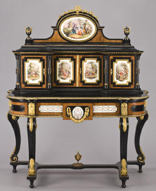 KPM porcelain plaques in fine quality ormolu mounts adorn this Napoleon III bonheur-du-jour from the 1870s. It is expected to sell for $30,000-$50,000. Image courtesy of Dallas Auction Gallery.
