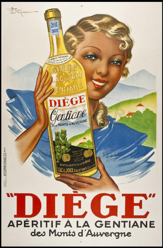 This original French advertising poster for Diege Gentiane is mounted on linen and measures 47 inches by 31 inches. The circa 1930 poster is estimated at $800-$1,200. Image courtesy of PBA Galleries.