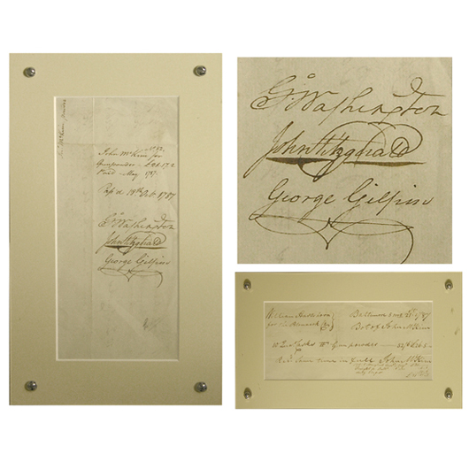 George Washington, endorsed receipt for gunpowder dated May 21, 1787. Image courtesy of Signature House.