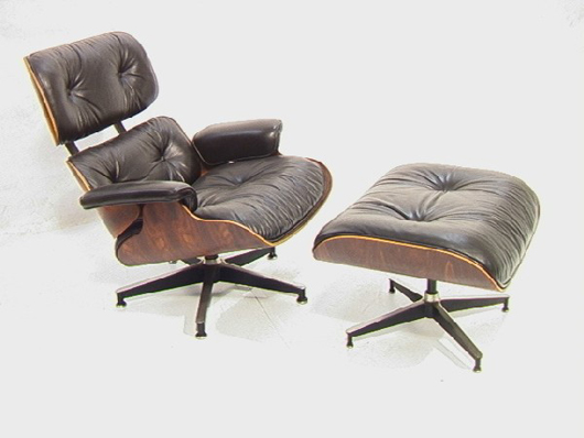 Eames rosewood lounge chair and ottoman, black leather upholstery, Style #670, purchased in 1970s. Condition: cigarette burn on chair seat and a scratch to one side of ottoman. Estimate: $1,500-$2,500. Image courtesy of Uniques and Antiques Inc.