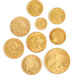 Nineteenth-century gold coins of various denominations were found in the suitcases. An 1899 $10 gold piece (lower right) sold for $660. Stephenson’s Auctions image.